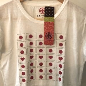 Tory Burch Japan Relief Tee Women’s Size M White w/ Red Japan Flags and Hearts